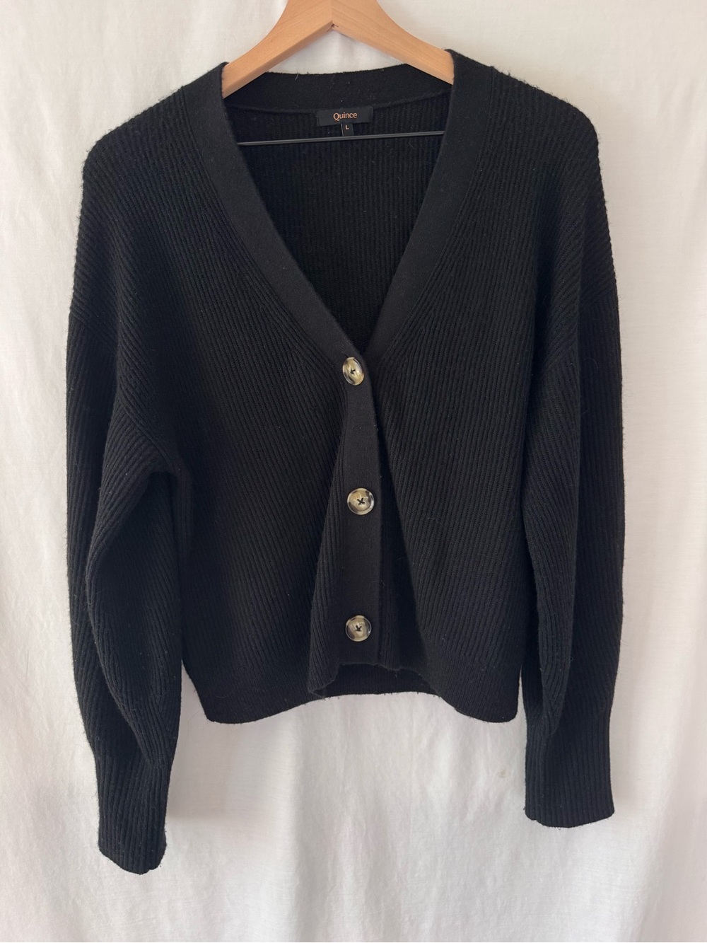 Quince Baby Alpaca Black Ribbed V-Neck Button-Front Cardigan. Layering